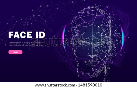 Face id technology. Trendy Innovations cyborg systems.  Innovations systems identifications and development computers software industry. Poligon personal encryption protection. Royalty-Free Stock Photo #1481590010
