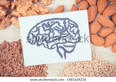 Vintage photo, Drawing of brain and best nutritious food for health and good memory, concept of healthy eating