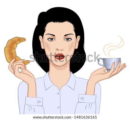 Glamorous woman with coffee cup and yellow croissant. Coffee collection. Vintage color engraving stylized drawing. Vector illustration