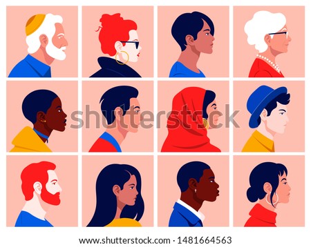 A set of people's faces in profile: men, women, young and elderly of different races and nations. Diversity.  Avatars. Vector flat Illustration Royalty-Free Stock Photo #1481664563