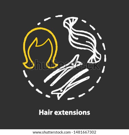 Hair extensions chalk concept icon. Clip in hair remy tapes, wig and accessories. Hairstyling and hairdo idea. Hairdresser salon, hairstylist parlor. Vector isolated chalkboard illustration