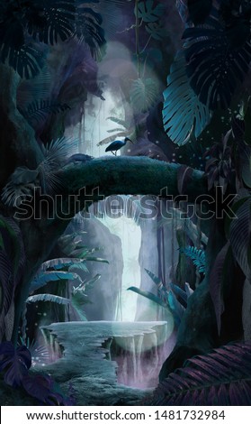 Inside a deep mystical jungle canyon at night, can be used as background, wallpaper