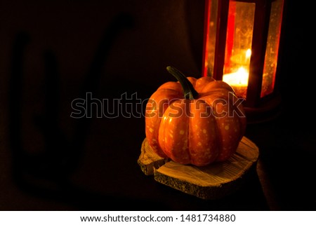 Bright pumpkin on a black background. Halloween and Thanksgiving traditional decoration. Place for text. Autumn cozy background. Place for text.