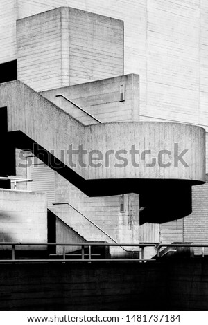 Brutalist architecture detail of staircase in black and white sunny day Royalty-Free Stock Photo #1481737184
