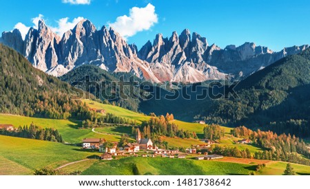 Santa Maddalena village with magical Dolomites mountains in background, Val di Funes valley, Trentino Alto Adige region, Italy