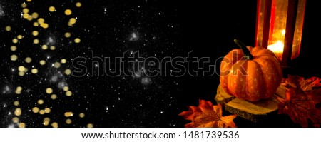 Bright pumpkin on a black background. Halloween and Thanksgiving traditional decoration. Place for text.
Autumn cozy background. Place for text.
