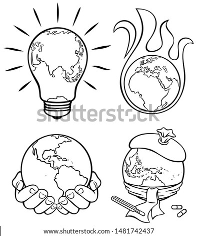 4 conceptual illustrations on environmental subjects in black and white for coloring.