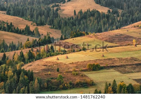 Beautiful autumn landscape in the mountain village in Ukraine Early morning rural scene in the Carpathian mountains