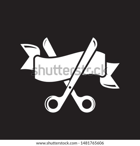 Grand opening icon, scissors cutting ribbon. Vector illustration isolated on black background