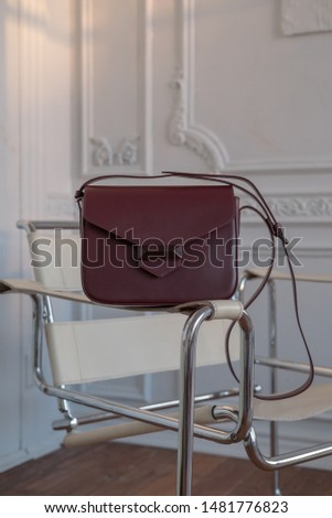 Item photo of a fashionable 
burgundy leather bag. Fashion elements