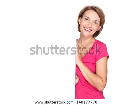 happy smiling woman with banner isolated on white background