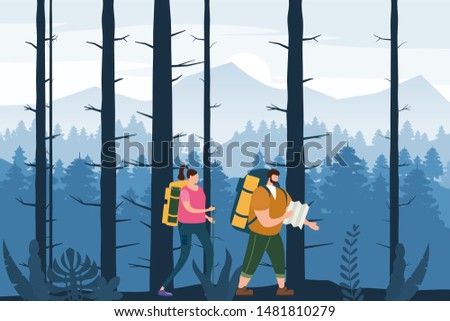 Tourists cute couple with map and backpacks performing outdoor touristic activity. Forest trees mountain landscape. Adventure travel, hiking walking trip tourism wild nature trekking. Pair of tourists