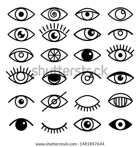 Outline eye icons. Open and closed eyes images, sleeping eye shapes with eyelash, vector supervision and searching signs Royalty-Free Stock Photo #1481847644