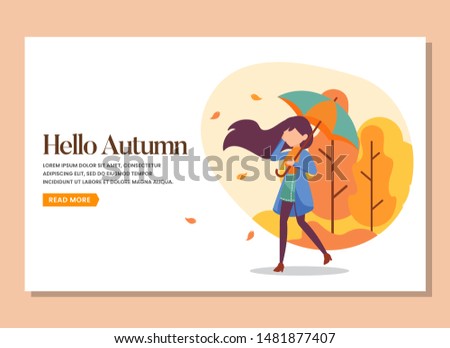 Landing page of woman walking with umbrella in the autumn day