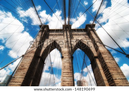Powerful structure of Brooklyn Bridge Center Pylon on a beautiful summer day