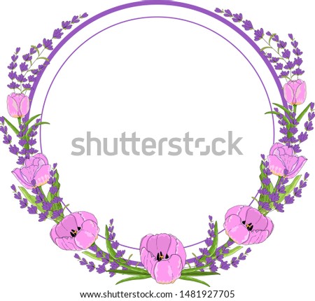 Gift wreath lavender and tulip celebrate holiday. Vector hand draw  Illustration EPS10