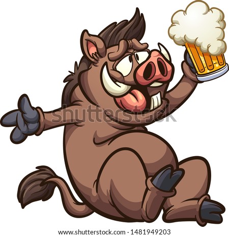 Happy, fat and drunk carton boar holding a beer clip art. Vector illustration with simple gradients. All in a single layer. 
