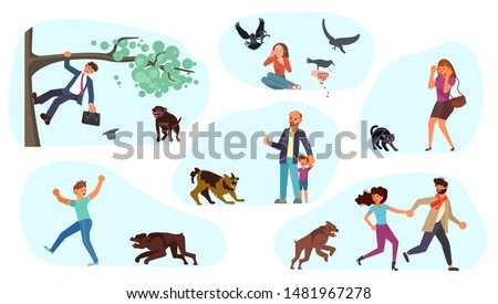 Set of man and woman runs from the dog or scared of a black cat. Huge homeless aggressive mongrel attacks people. Flat Art Vector illustration