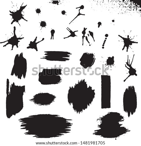 Big collection of black paint, ink brush strokes, brushes, lines, grungy. Dirty artistic design elements. Vector illustration. Isolated on white background. Freehand drawing.