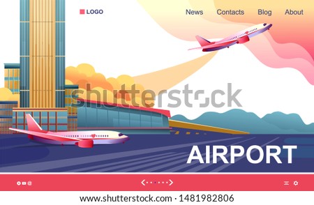 Horizontal banner, vector abstract illustration of a modern airport building, with runway, in orange-blue tones,