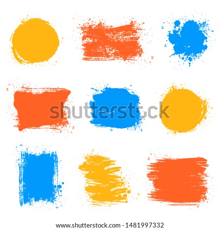 Paint brush stains, strokes, splatters and blots of different shapes and colors for frame, banner, label, text box or other art design. Colorful grunge vector textures isolated on white backgrounds
