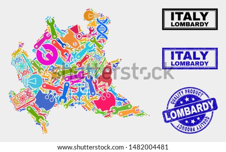 Vector collage of service Lombardy region map and blue seal stamp for quality product. Lombardy region map collage made with equipment, wrenches, industry icons.