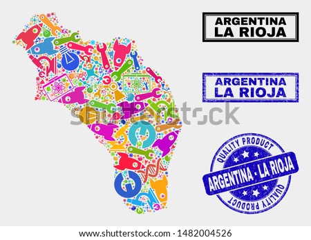 Vector collage of service La Rioja of Argentina map and blue watermark for quality product. La Rioja of Argentina map collage created with tools, spanners, science symbols.