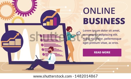 Online Business Horizontal Banner. Young Businessman and Businesswoman Working at Huge Laptop with Growth Graphs and Charts Diagrams on Screen, Internet Technologies. Cartoon Flat Vector Illustration