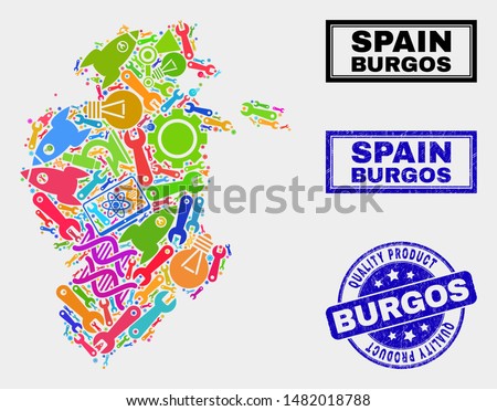 Vector collage of service Burgos Province map and blue stamp for quality product. Burgos Province map collage made with equipment, wrenches, science symbols.