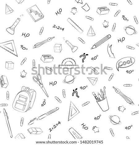 Set of monochrome vector seamless pattern with school supplies and stationery. Bundle of accessories for lessons, items for education of smart pupils and students. Linear hand drawn illustration