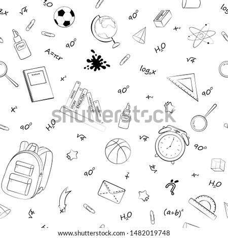 Set of monochrome vector seamless pattern with school supplies and stationery. Bundle of accessories for lessons, items for education of smart pupils and students. Linear hand drawn illustration