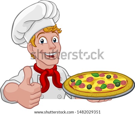 A chef holding a plate of pizza peeking over a sign and giving a thumbs up cartoon