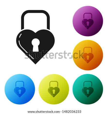 Black Castle in the shape of a heart icon isolated on white background. Locked Heart. Love symbol and keyhole sign. Set icons colorful circle buttons. Vector Illustration