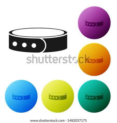 Black Collar with name tag icon isolated on white background. Simple supplies for domestic animal. Cat and dog care. Pet chains. Set icons colorful circle buttons. Vector Illustration