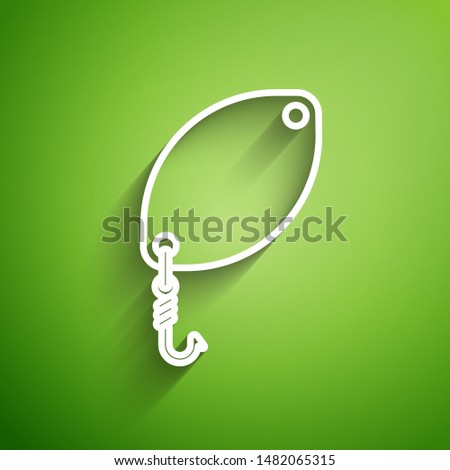 White line Fishing spoon icon isolated on green background. Fishing baits in shape of fish. Fishing tackle.  Vector Illustration