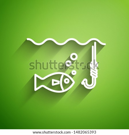 White line Fishing hook under water with fish icon isolated on green background. Fishing tackle.  Vector Illustration