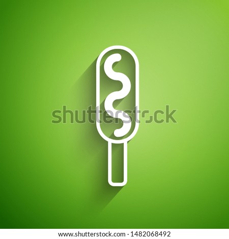 White line Corn dog icon isolated on green background. Traditional american fast food.  Vector Illustration