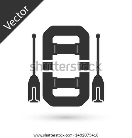 Grey Rafting boat icon isolated on white background. Inflatable boat with oars. Water sports, extreme sports, holiday, vacation, team building.  Vector Illustration