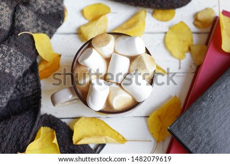 Hot chocolate with marsmallow candies, autumn leaves
