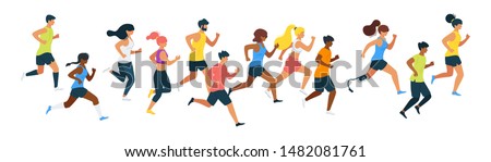Running people flat vector illustration. Multiracial runners, athletes, sportive men and women cartoon characters. Marathon, exercise and athletics. Sport training isolated design element Royalty-Free Stock Photo #1482081761