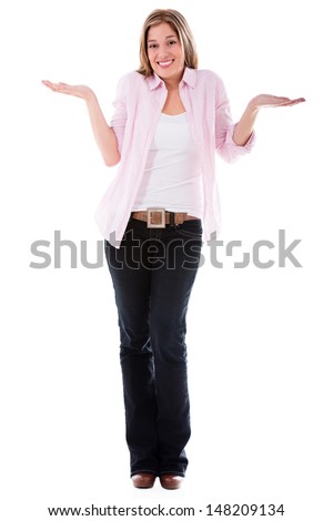 Hesitant casual woman - isolated over a white background 