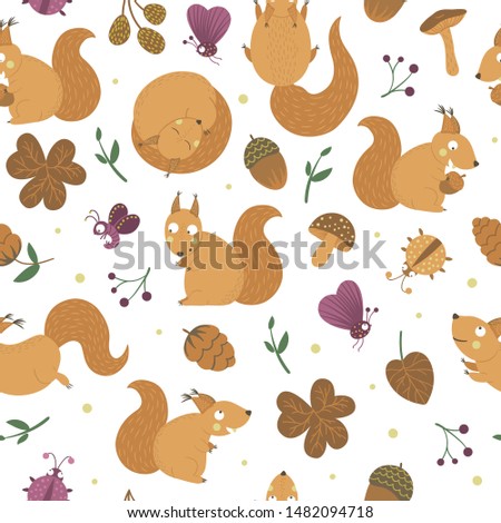 Vector seamless pattern of hand drawn flat funny squirrels with acorns, cones, mushrooms and insects. Autumn repeating background for children’s design. Cute animalistic backdrop
