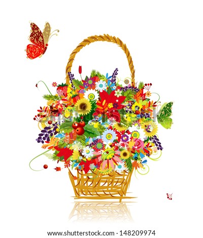 Four seasons. Basket with leaf and flowers for your design