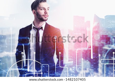 Confident caucasian businessman with beard standing with hands in pockets in modern city white double exposure of network interface. Concept of hi tech startup and leadership. Toned image