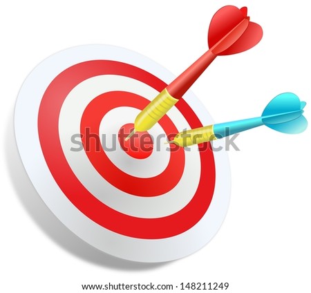 Two colored darts jabbed in the circular dartboard  at white background