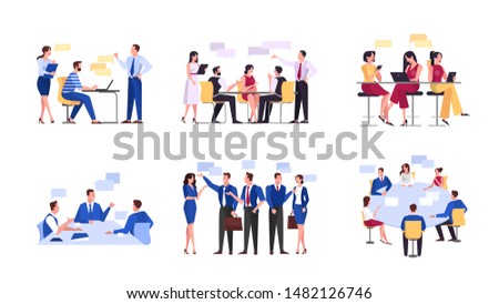 Discussion and brainstorming in team concept. Group of business people at work, office meeting. Professional communication. Isolated vector illustration in cartoon style Royalty-Free Stock Photo #1482126746