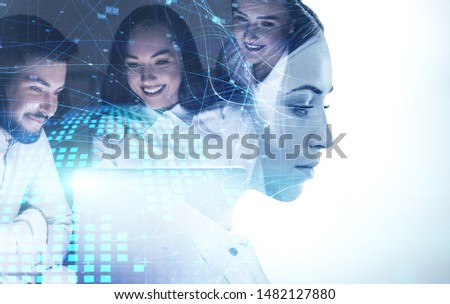 Head of businesswoman with double exposure of internet interface and happy young business team. Concept of leadership and AI. Toned image mock up