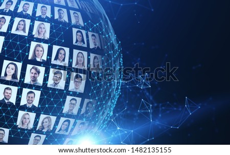 Hologram of planet with portrait of diverse people and network interface. Concept of social media and internet communication. Toned image