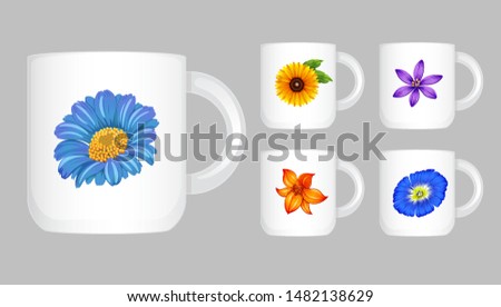 Five coffee cups with flower graphic illustration
