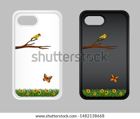 Graphic design on mobile phone case with bird and butterfly illustration